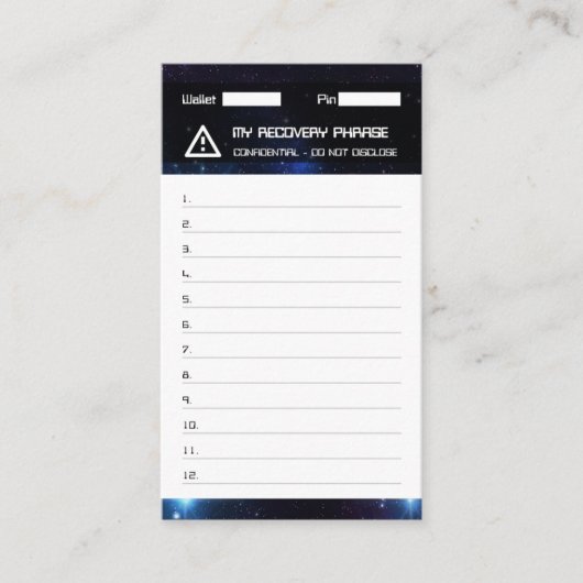 Crypto Wallet Space Recovery Seed Phrase 12 Visitekaartje (Voorkant)