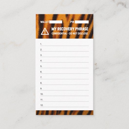 Crypto Wallet Tiger Recovery Seed Phrase 12 Visitekaartje (Voorkant)