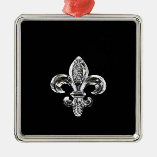 Crystal Black Fleur de lis Metalen Ornament