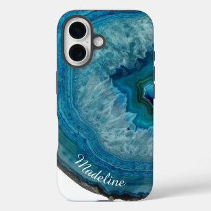 Crystal Blue Geode Slice Gepersonaliseerd iPhone 16 Hoesje