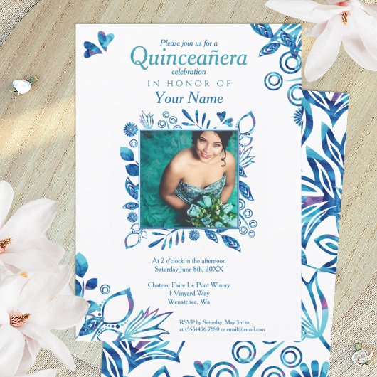 Crystal Blue Motif Quinceanera Invitation