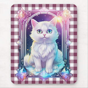Crystal Cat Paarse zwart geruite schattige witte k Muismat