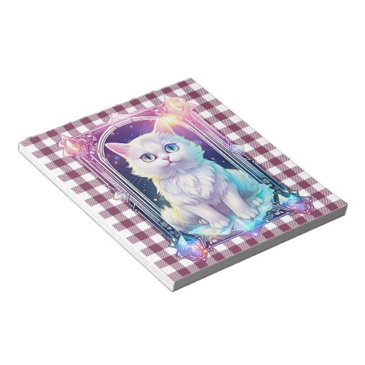 Crystal Cat Paarse zwart geruite schattige witte k Notitieblok (Schuin)