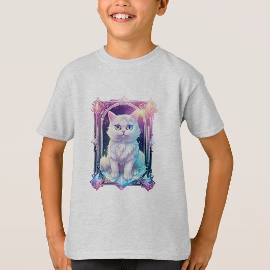 Crystal Cat Paarse zwart geruite schattige witte k T-shirt (Voorkant)