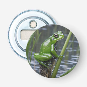 Crystal Clarity: Green Glass Frog op River Reeds Button Flesopener