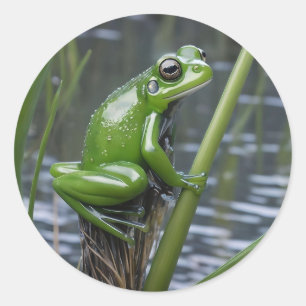 Crystal Clarity: Green Glass Frog op River Reeds Ronde Sticker