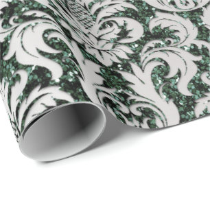 Crystal Glitter Cali Groen Grijs Zilver Damask Cadeaupapier