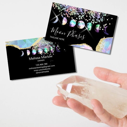 Crystal Moon Phases Celestial Holograaf Mystical Visitekaartje