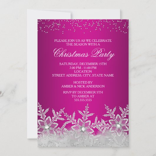 Crystal Snowflake Hot rose Noël Invitation (Devant)