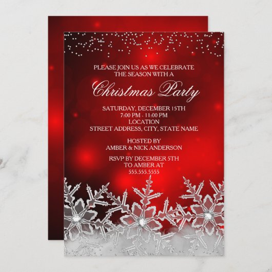 Crystal Snowflake Red Christmas Party Invitation (Devant / Derrière)