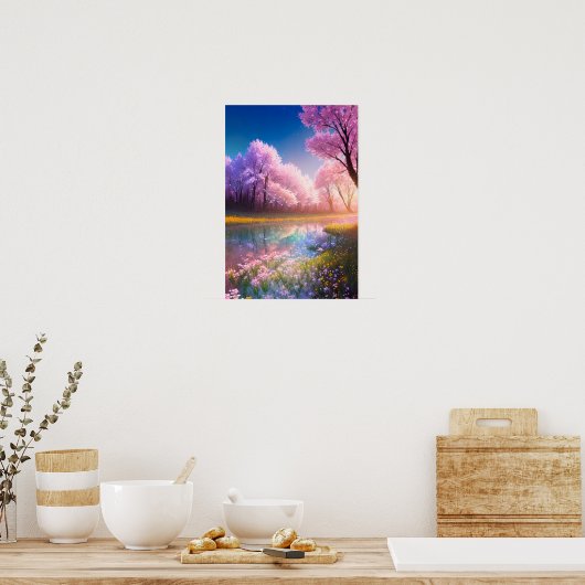 Crystal Stream en bloeiende veld van bloemen Poster (Keuken)