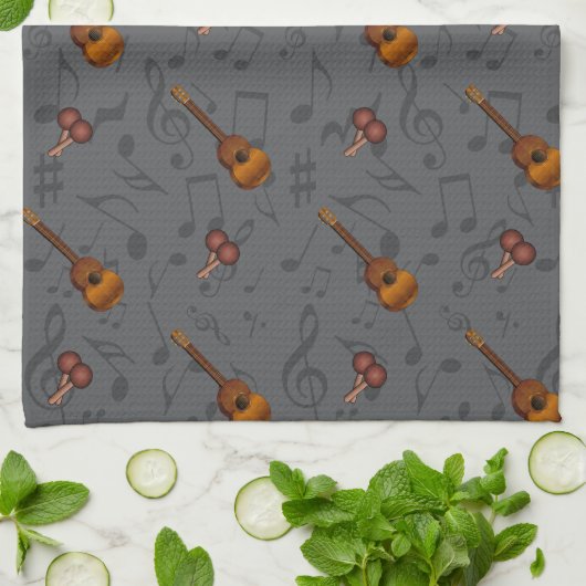 Cuatro and Maracas with Music Notes on DARK GREY Theedoek (Gevouwen)