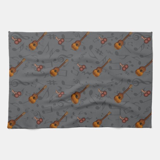 Cuatro and Maracas with Music Notes on DARK GREY Theedoek (Horizontaal)
