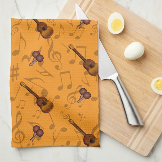 Cuatro and Maracas with Music Notes on ORANGE Theedoek (Quarter Fold)