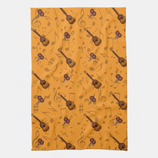 Cuatro and Maracas with Music Notes on ORANGE Theedoek (Verticaal)