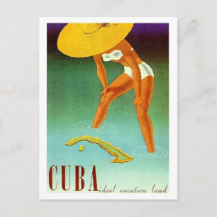 Cuba, eiland, badeend meisje in grote gele hoed, v briefkaart