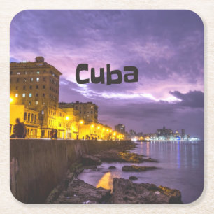 Cuba Havana Shoreline Citylights bij nacht Vierkante Kartonnen Onderzetter