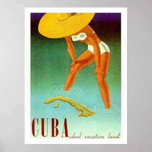 Cuba, Isle, bikini-meisje in groot geel pet, Poster