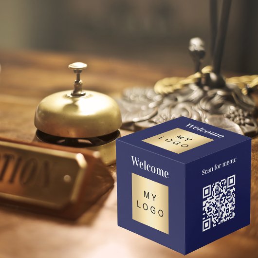 Cube Photo Bienvenue logo de l'entreprise QR code bleu table 