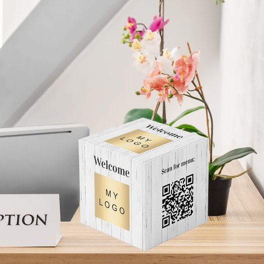 Cube Photo Bienvenue logo de l'entreprise QR code bois table 