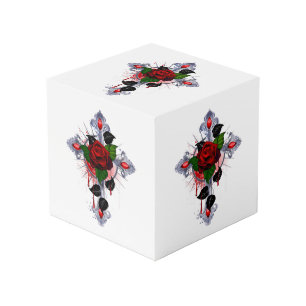 Cube Photo Croix d'argent avec une rose rouge