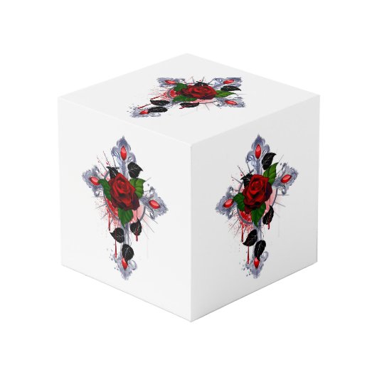 Cube Photo Croix d'argent avec une rose rouge (Angle devant)