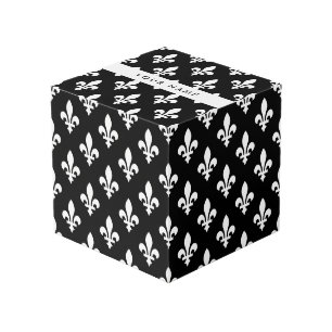 Cube Photo Fleur de Lis, Blanc sur Noir, Blanc, Votre Nom