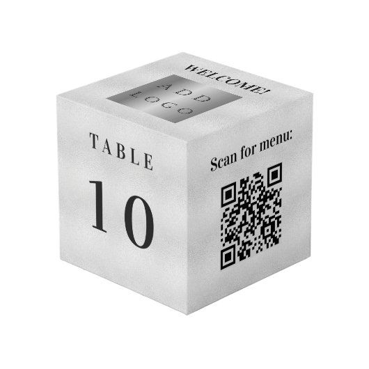 Cube Photo Numéro de table QR code menu argent logo de l'entr (Angle devant)