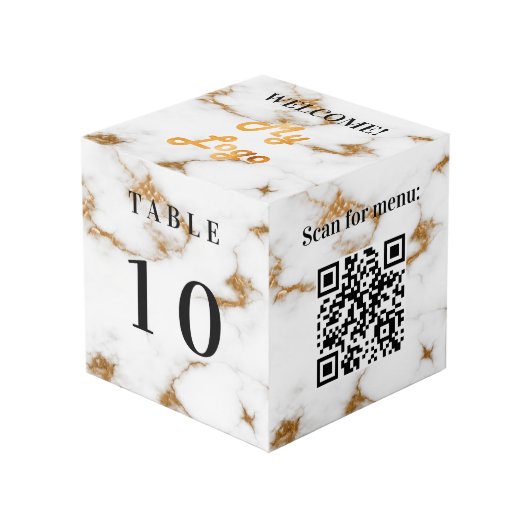Cube Photo Numéro de table QR code menu marbre logo d'entrepr (Angle devant)