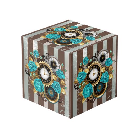 Cube Photo Steampunk Clock and Turquoise Roses on Striped (Angle devant)