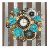 Cube Photo Steampunk Clock and Turquoise Roses on Striped (Devant)