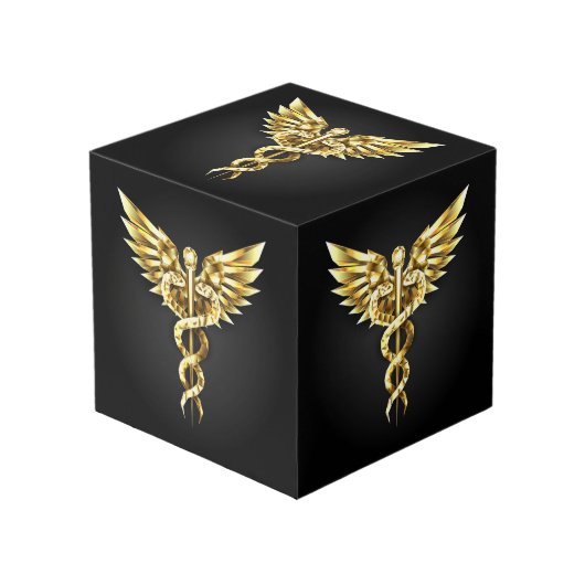Cube Photo Symbole caducée polygonal or (Angle devant)
