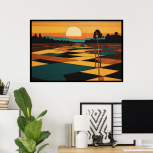 Cubistisch Landschap Vlakke Kleuren Velden Surreal Poster