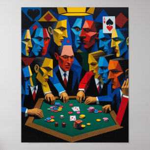 Cubistische stijl pokerspelers rond tafel poster