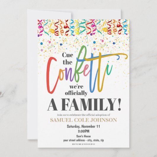 Cue the Confetti Adoption Celebration Invitation (Devant)