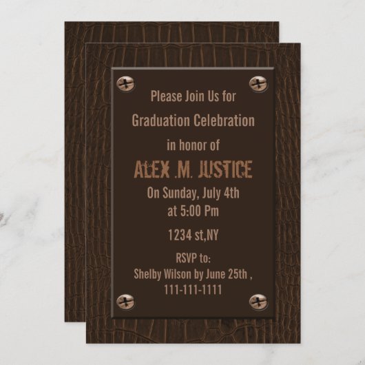 cuir marron classe Graduation party Invitation (Devant / Derrière)