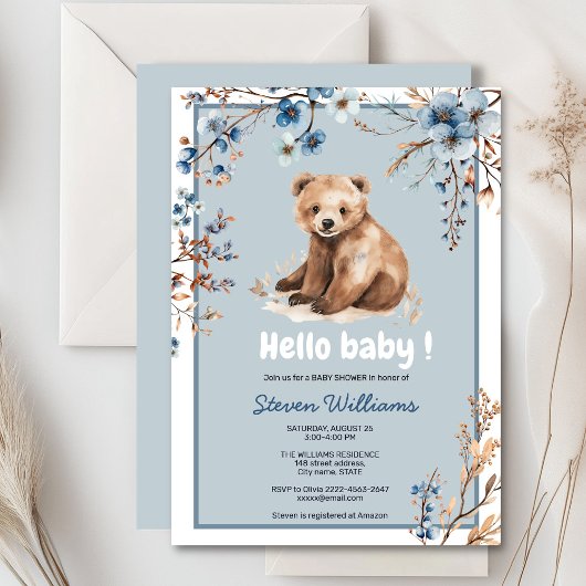 Cuire ours aquarelle garçon baby shower invitation