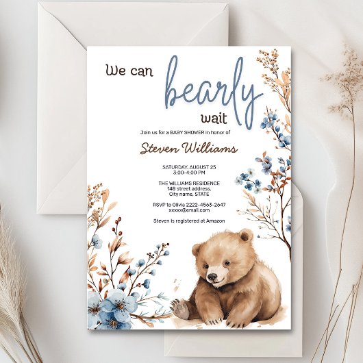 Cuire ours aquarelle garçon baby shower invitation