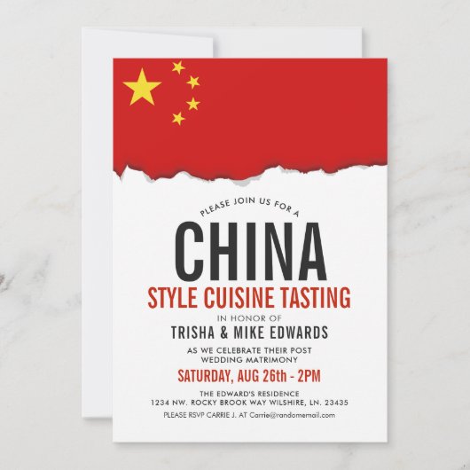 Cuisine chinoise | Invitation blanc du drapeau du  (Devant)