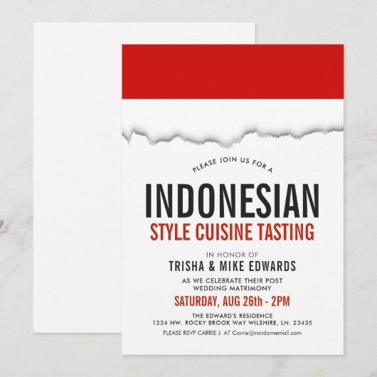 Cuisine indonésienne | Invitation blanc du drapeau (Devant / Derrière)