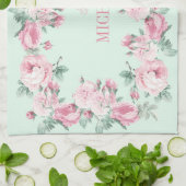 Cuisine personnalisée serviette rose menthe fleuri (Plié)