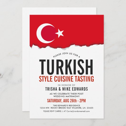 Cuisine turque | Invitation blanc du drapeau du pa (Devant / Derrière)