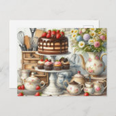 Cuisine vintage Carte postale Gâteau et théière (Devant / Derrière)