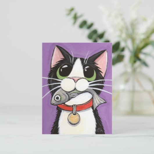 Cuite Chat Manger Une Carte Postale Poisson (Debout devant)