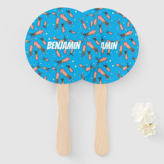 Cula funny pink squid cartoon pattern handwaaier (Voorkant en achterkant)