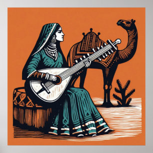 Cultureel Oranje Vintage Indiase Muziek Kunst Poster