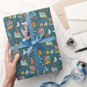 Cumulatief dorpsblauw baby shower-feestje cadeaupapier