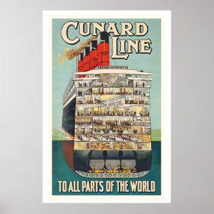 Cunard Line naar alle delen van de wereld vintage Poster