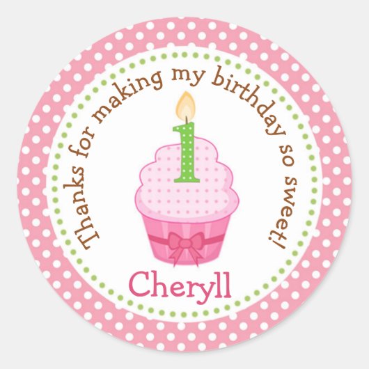 Cupcake 1e Verjaardag Dank u Stickers (roze) (Voorkant)