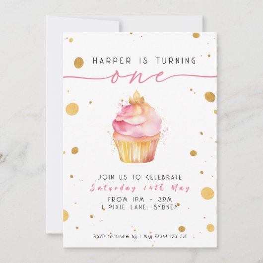 Cupcake 1er anniversaire Invitation Filles (Devant)